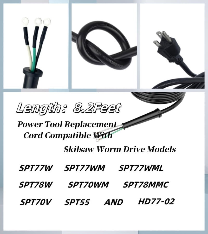 Ccedviery 95104L Heavy-Duty Replacement Power Cord for SKILSAW Worm Drive Saws SPT77WM, SPT77WML, SPT78W - 3 Pin, 8.2FT/2.5M Black Cord - Image 3